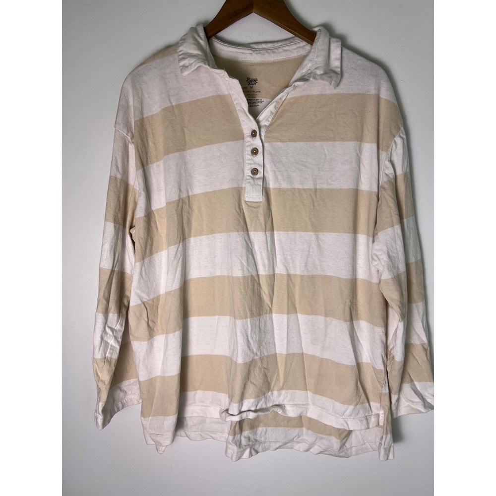 Ascot + Hart M Rugby Shirt Coastal Preppy Tan White Striped Henley Long Sleeve